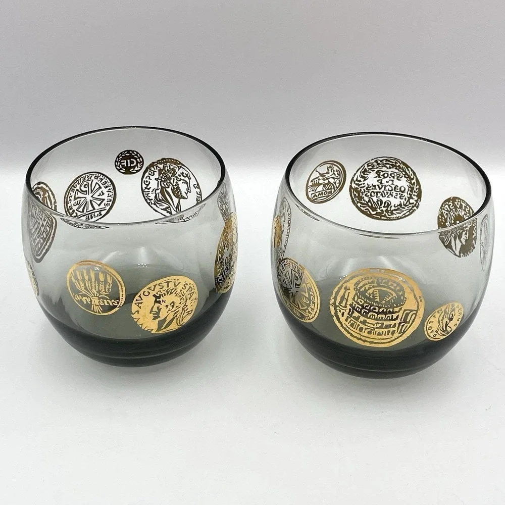 Vintage 1971 Federal Glass Roma Coins Roly Poly Tumblers‎ Set Of 2 Smoky Gray